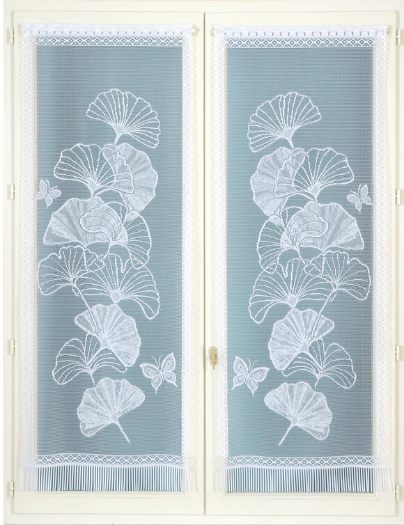 Vitrage droit maille dentelle motif gingko - la paire (blanc) Vitrage droit maille dentelle motif gingko - la paire (blanc)